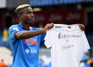 Osimhen celebrates maiden Serie A goal with 'End Police Brutality' shirt