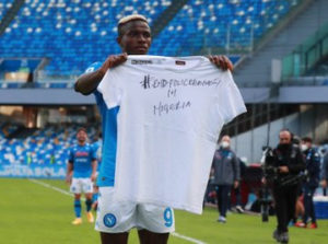 Osimhen celebrates with #ENDSARS T-shirt after scoring in Napoli’s 4-1 victory over Atalanta
