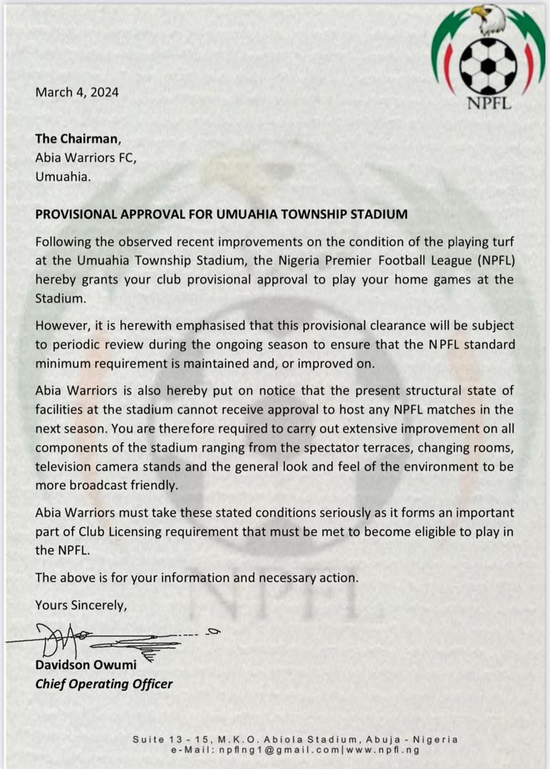 NPFL reconsiders Abia Warriors' use of Umuahia Stadium